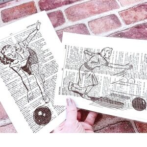 Women Bowler Theme - Upcycled Dictionary Art Prints - Lot of 2 - Mini Poster Set